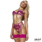 Nora bra thong and garter belt Set with Flowers Fuchsia