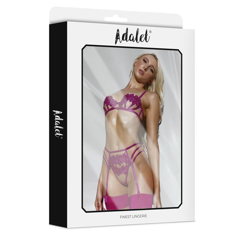 Nora bra thong and garter belt Set with Flowers Fuchsia