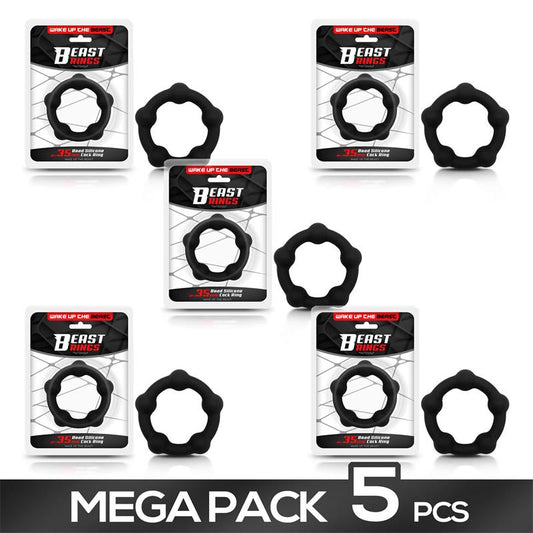 Pack of 5 Black Bead Silicone Cock Ring 35 cm